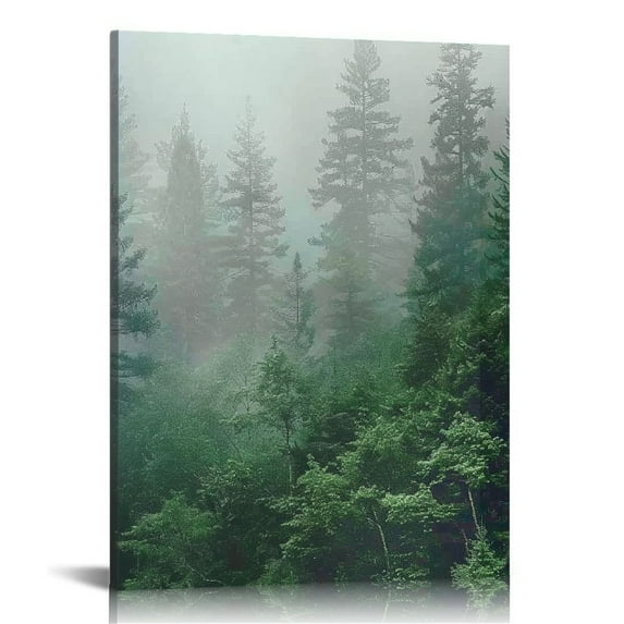Acheng Natural Scenery Foggy Forest Wall Art Misty Forest Mountain Wall Art Green Landscape Painting Framed Canvas Artwork for Living Room Bedroom Dining Room 12x16 in