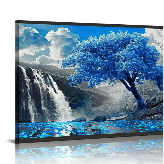 Acheng Nature Landscape Canvas Wall-Art for Living Room - Waterfall Pictures for Wall - Blue Tree Wall Decor Ready to Hang picture 1