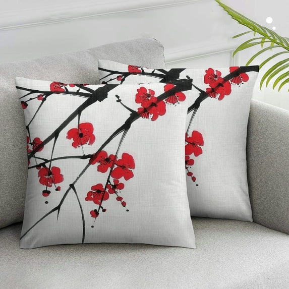 Acheng  Nature Pillow Cushion Cover, Sakura Blossom Japanese Cherry Tree Garden Summertime Vintage Cultural, Rectangle Decor Accent Pillow Case, 2pcs, Vermilion Grey and White