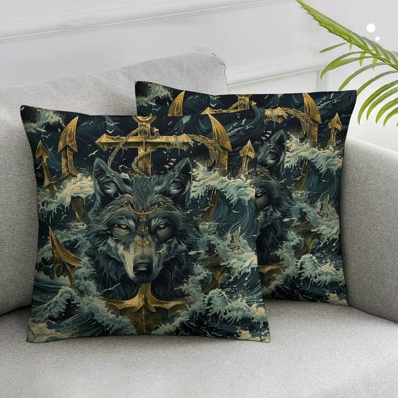 Acheng Nautical Anchor Throw Pillow Covers Set of 2 Cool Wolf Animal Ocean Wave Coastal Retro Wildlife Dark Blue Soft Cozy Washable Outdoor Home Decor Square for Chair Bed Sofa Cushion Cover White