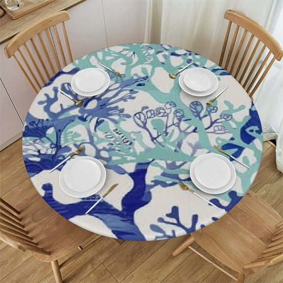 Acheng Nautical Coastal Round Tablecloth Ocean Theme Navy Blue Teal and Grey Coral Printed Table Cloth Summer Beach Washable Table Cover for Kitchen Dining Room Party Indoor Outdoor Decor 70x70in