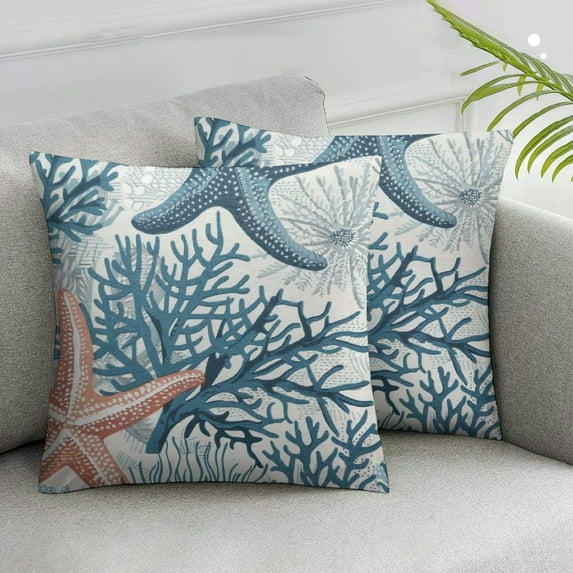 Acheng Nautical Coastal Throw Pillow Covers Seashell Coral Starfish Decorative Pillow Cases for Couch Bed Sofa Beach Themed Decor Pillow Cases,Set of 2 White