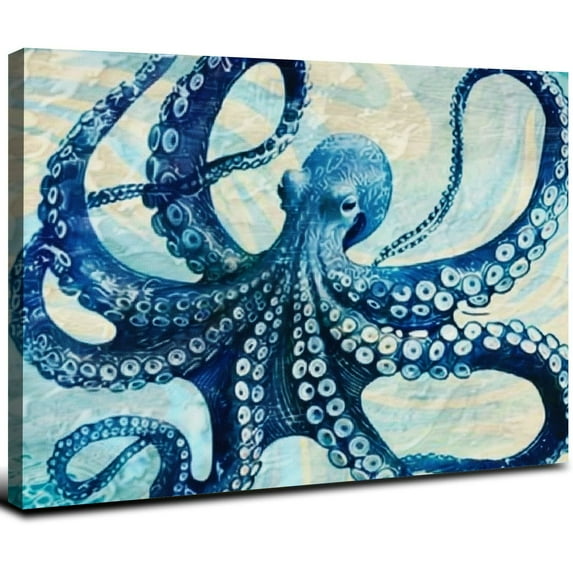 Acheng Navy Blue Fish Wall Art Bedroom Beach Sea Turtle Jellyfish Octopus Canvas Painting Kids Nursery Room Wall Decor Boho Ocean Animal Art Prints for Living Room Home Decor 16x12inch