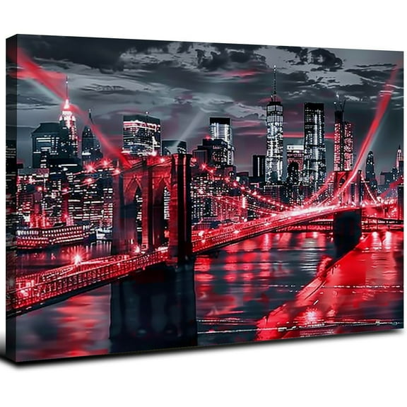 Acheng New York City Canvas Wall Art Black White Red Brooklyn Bridge Pictures NYC Skyline Cityscape Artwork for Living Room Bedroom Modern Home Decor   (Red) 20x16inch