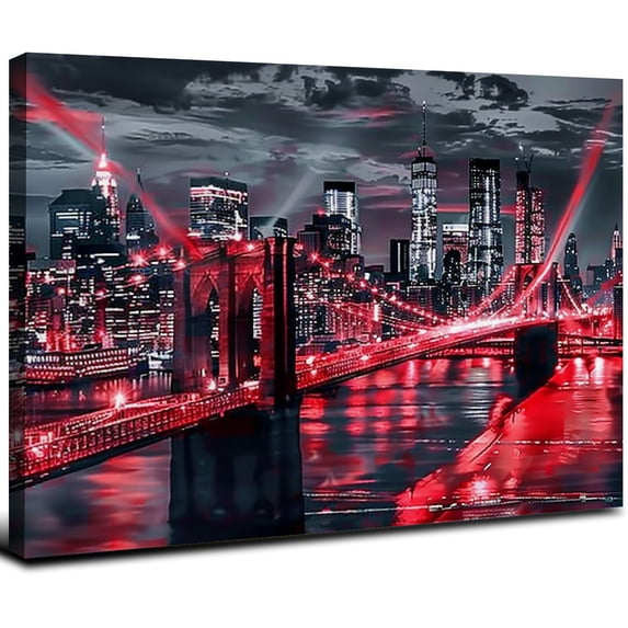 Acheng New York City Canvas Wall Art Black White Red Brooklyn Bridge Pictures NYC Skyline Cityscape Artwork for Living Room Bedroom Modern Home Decor (Red) 20x16inch