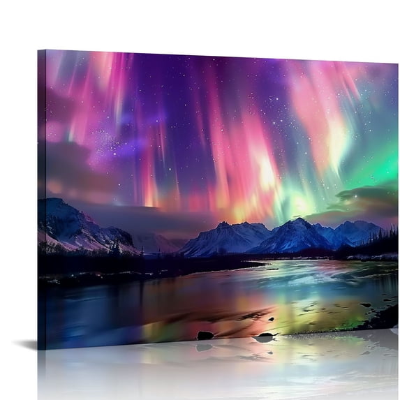 Acheng  Northern Lights Wall Art Colorful Aurora Borealis Painting Forest Mountain Canvas Prints Nature Landscape Home Decor Framed pattern2