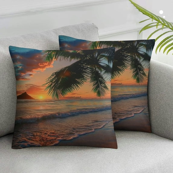Acheng Ocean Beach Set of 2 Throw Pillow Covers Hawaii Ocean Sea Palm Tree Sunset Pillow Cases Standard Cushion Cover Square Pillowcases for Men Women Decorative Home Bed Sofa White