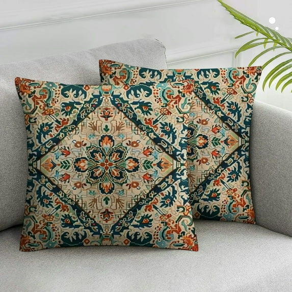 Acheng Orange Teal Boho Pillow Covers Set of 2, Persian Carpet Pattern Decor Bohemia Throw Pillows Outdoor Paisley Decorative Cushion Case Boho Decorations for Home Couch Sofa White
