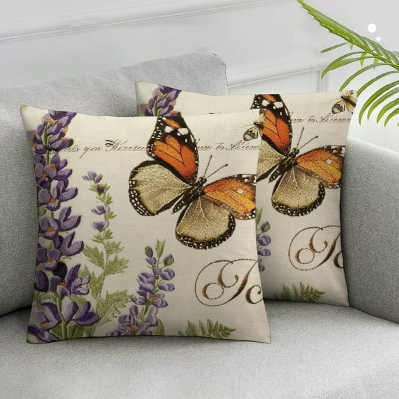 Acheng Outdoor Garden Decoration Bee/Butterfly/Dragonfly/Ladybug Pillow Case Leaf/Lavender/Flower Decorative Throw Pillow Covers Set of 2 White