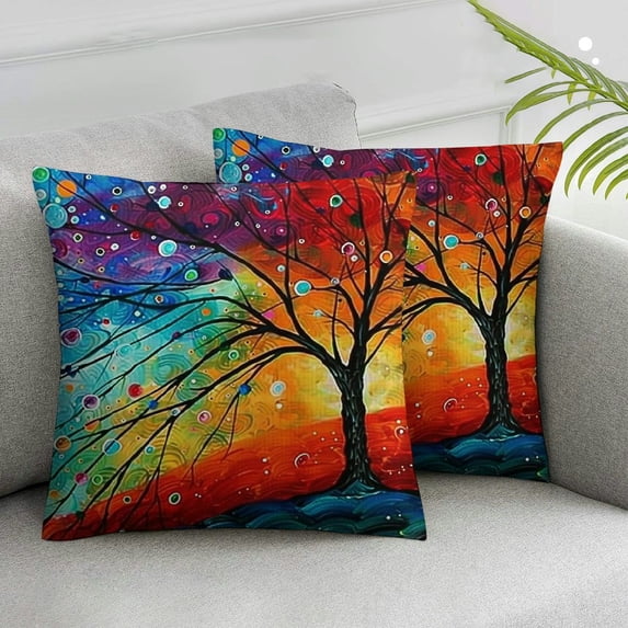 Acheng Pack of 2 Throw Pillow Covers, Oil Painting Colorful Tree Pattern Decorative Pillowcases Cover for Sofa,Chair, Couch,Bedroom,Car Lumbar White