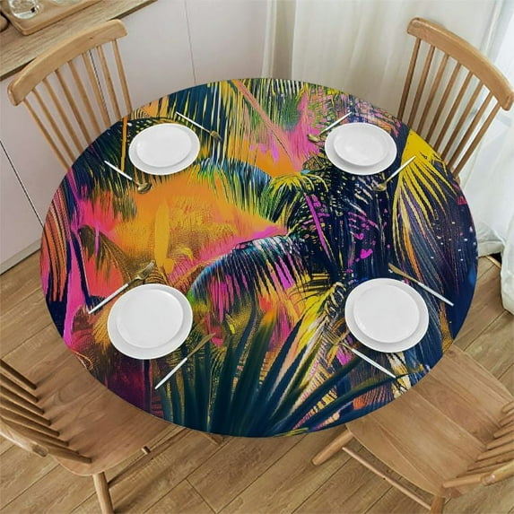 Acheng Palm Leaves Round Tablecloth, Tropical Jungle Palm Leaves with Charming Colors, Table Decoration for Banquet, Candy Buffet, and Dining Table 42-46