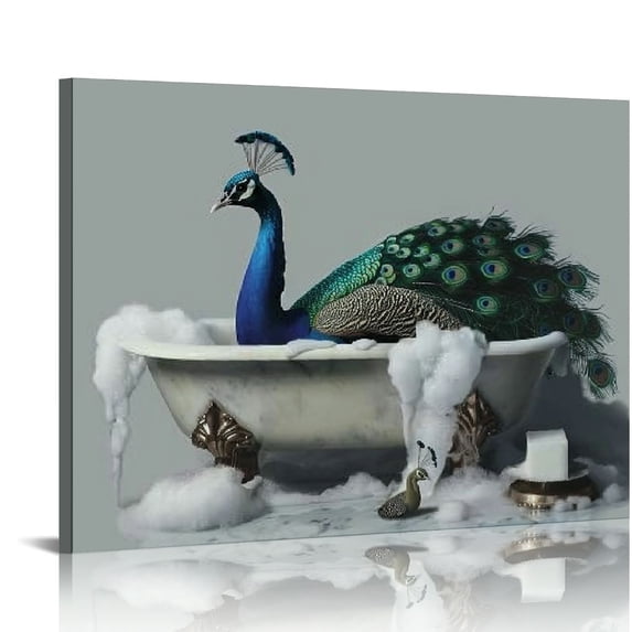 Acheng Peacock Wall Art Peacock Bathroom Pictures Wall Decor Aesthetic Peacock in Bathtub Canvas Prints Framed Modern Painting Artwork Home Decorations For Kitchen Bedroom Living Room 16x12in