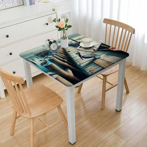 Acheng Pelicans Wooden Pier Serene Environment Square Tablecloth with Elastic Edge 100% Polyester Fiber 46*46