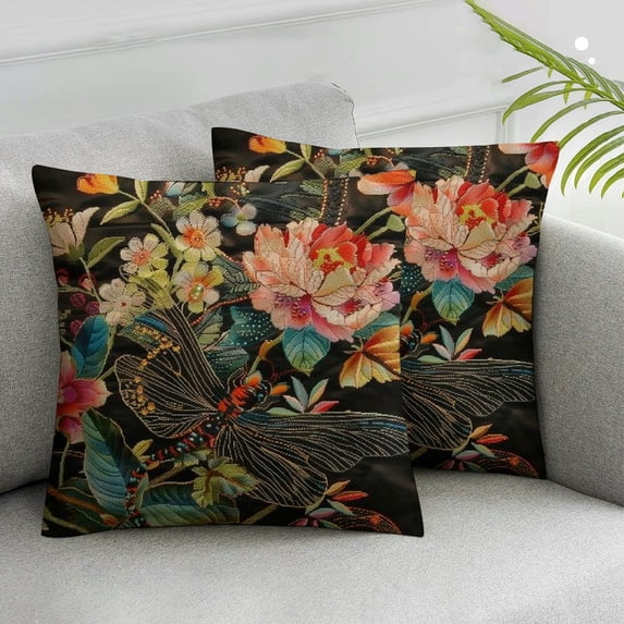Acheng Pillowcase Chinoiserie Coral Peony Floral Pillows Asian Chic Dragonfly Throw Pillow Cover Rustic Decorative Cushion Cases Home Decor for Bed Living Room Couch Sofa Car,Set of 2 White