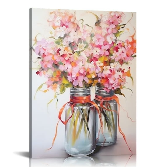 Acheng Pink Flowers Canvas Wall Art: Abstract Bouquet in Vase Artwork Prints for Teen Girl Bedroom Pink Floral Picture Poster Bathroom Decor 16x20 in
