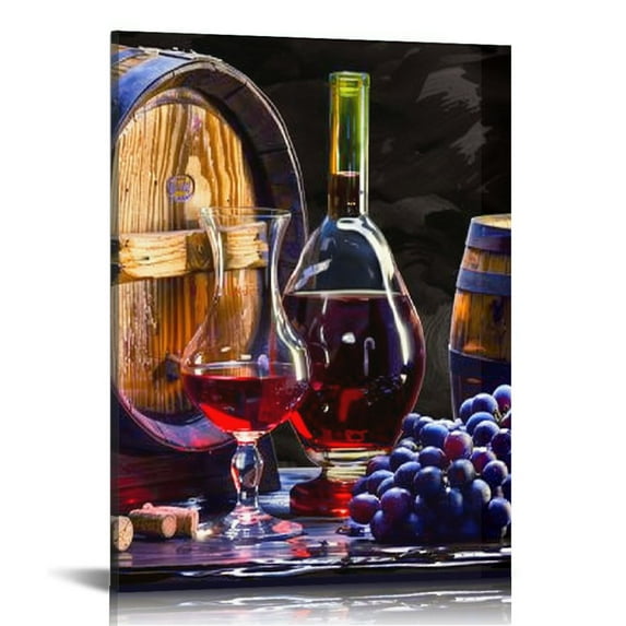 Acheng  Red Wine Bottle and Barrel Grape Fruit Canvas Prints Wall Art Modern Food Vintage Pictures Paintings Giclee Artwork for Kitchen Living Room Home Decorations picture 2