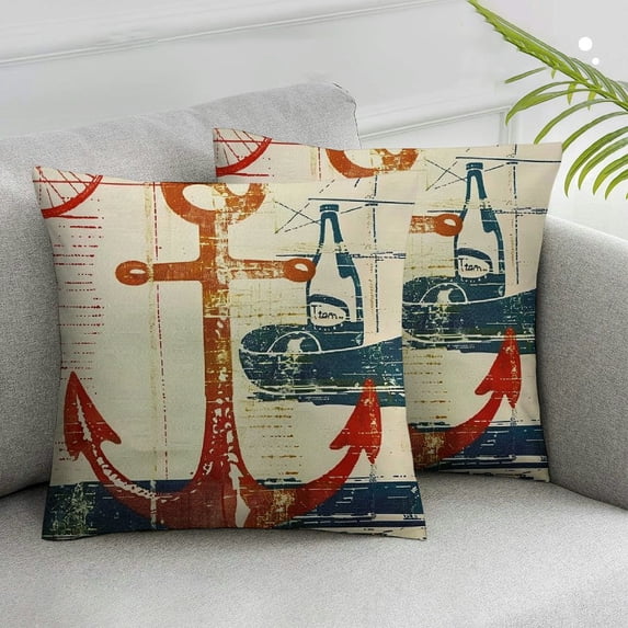 Acheng Retro Wood Ocean Beach Decorative Pillow Covers Nautical Anchor Compass Beach Starfish Shell Conch Jellyfish Pillowcase Summer Decor Throw Pillow Cover,2 Pcs (Ocean Nautical) White