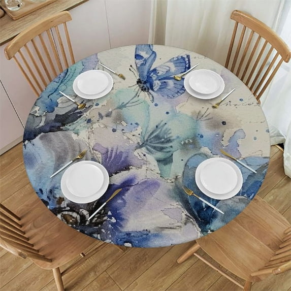 Acheng Round Fitted Tablecloth, Flower Butterfly Dragonfly Vintage Blue Floral Spring Summer Waterproof Table Cloth Table Cover with Elastic Edged for Outdoor Picnic Parties 52x52in
