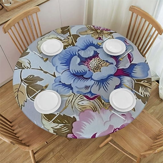 Acheng Round Tablecloth, Avery Spring Garden Blooms and Buds Flannel Backed Table Cloth, Spring Hydrangea Floral 52x52in