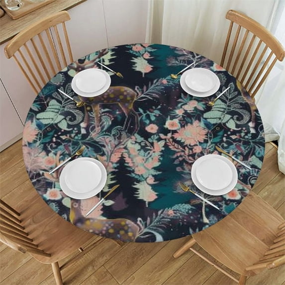 Acheng Round Tablecloth, Washable Boho Ethnic Style Deer Table Cloth for Indoor Outdoor, Waterproof Spill-Proof Table Cover Decor for Home Kitchen Dining Party 48x48in