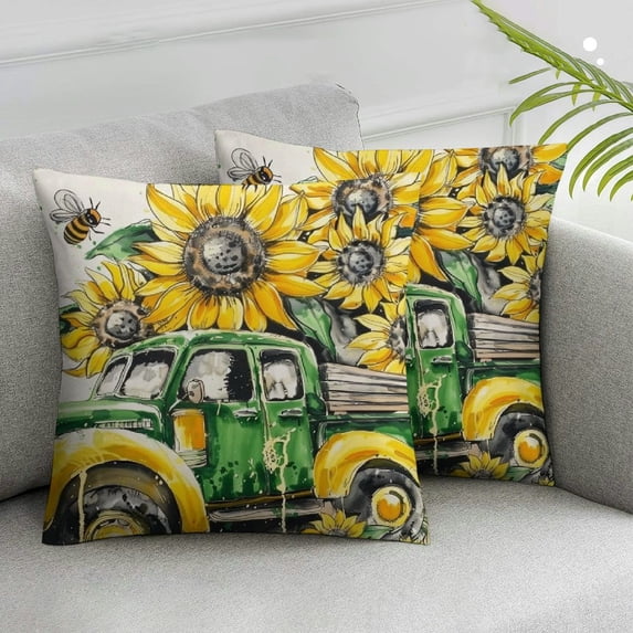 Acheng Set of 2 Hello Summer Sunflower Gradient Stripes Throw Pillow Covers, Hello Sunshine Cushion Case for Sofa Couch White