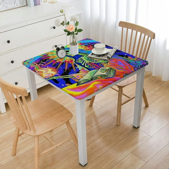 Acheng Skeleton Book Psychedelic Art Square Tablecloth Washable for Home Kitchen Outdoor Decoration 100% Polyester Fiber 52*52