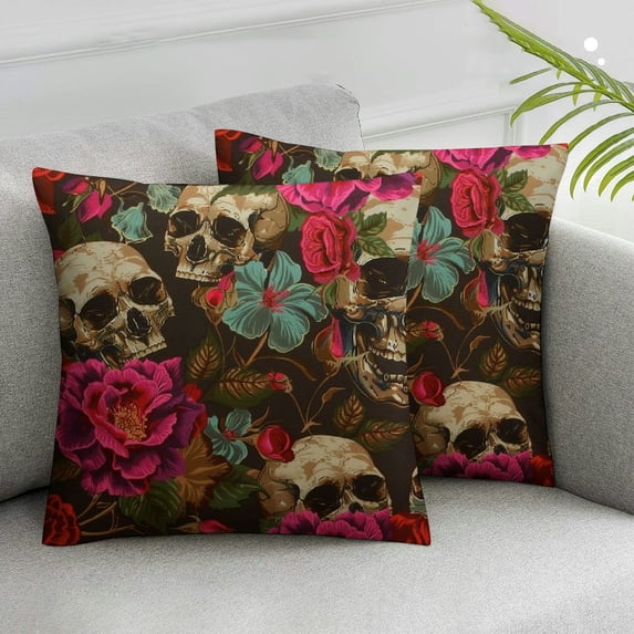 Acheng Skull and Flowers Throw Pillow Covers, Mexican Sugar Skull Rose Flowers Accent Pillow Case Cushion Cover for Bedroom/Livingroom/Sofa/Farm House Pillowcases,2 Pcs White