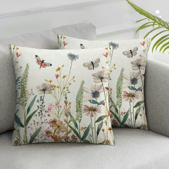 Acheng Spring Colorful Flowers Daisy Dragonfly Throw Pillow Cover, Spring Cushion Case for Sofa Couch White