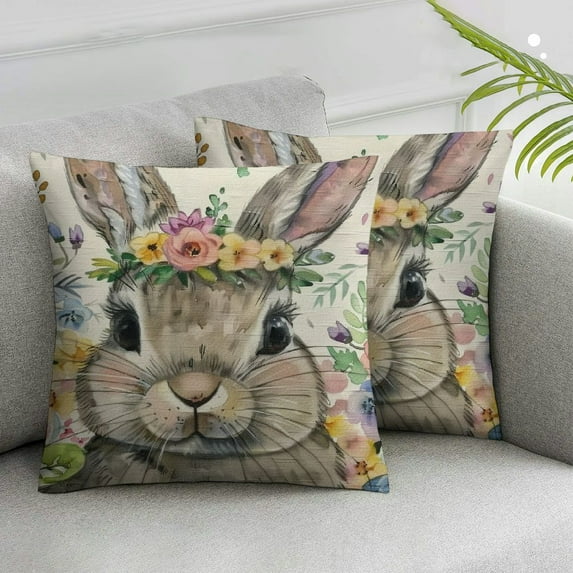 Acheng Spring Easter Pillow Covers Set of 2 Cute Bunny Rabbit Floral Easter Decorations Watercolor Pink Flower Decorative Throw Pillow Cases Outdoor Farmhouse Decor for Sofa Couch Bed White