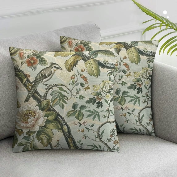 Acheng Spring Floral Birds Pillow Covers Set of 2 for Chinoiserie Flowers Decor Throw Pillows Sage Green Plant Outdoor Decorative Cushion Cases for Couch Bed Decorations White
