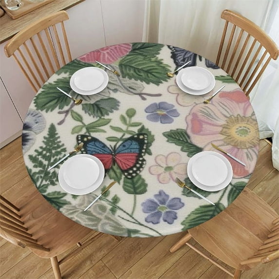 Acheng Spring Floral Round Tablecloth  Watercolor Flower Butterfly Leaf Decorative Table Cloth Rustic Vintage Resistant Circle Table Cover for Home Kitchen Dining Room Outdoor Decor 52x52in
