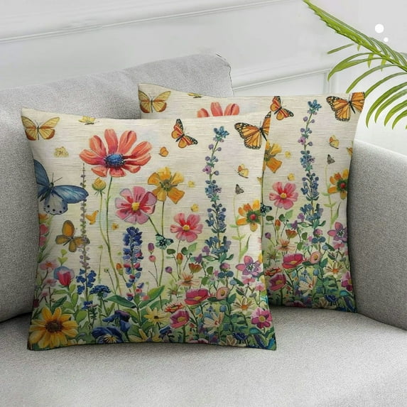 Acheng Spring Flower Pillow Covers Set of 2 Colorful Herbs Plant Leaf Floral Daisy Butterfly Throw Pillow Covers Spring Summer Cushion Case Farmhouse Decorative Pillows for Couch Sofa White