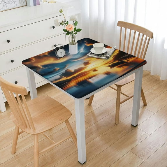 Acheng Sunset Beach Boat Square Tablecloth with Elastic Edge 100% Polyester Fiber 46*46