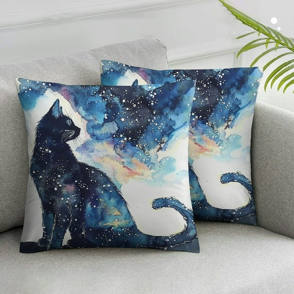 Acheng Super Soft Throw Pillow Cover Watercolor Cat Starry Sky Constellation Decorative Pillow Cases Standard Cool Animal Farmhouse Decorative Pillows Cushion Cover, Blue Black Navy,2 Pcs White