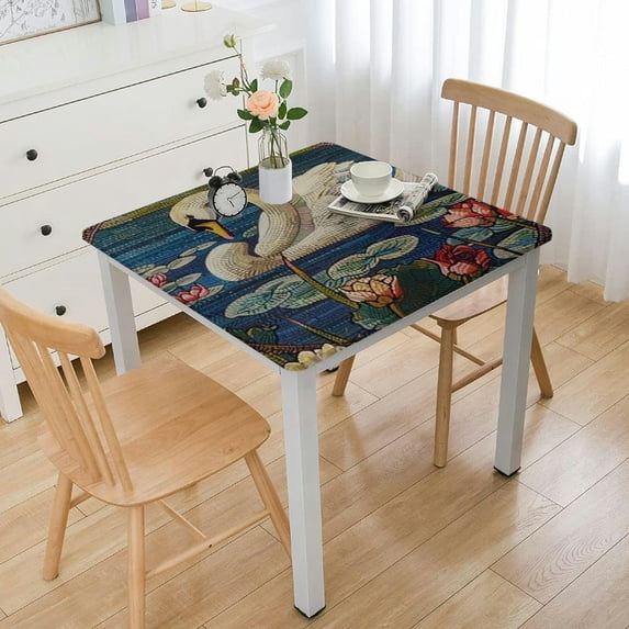 Acheng Swan Flowers Pond Square Tablecloth with Elastic Edge 100% Polyester Fiber 36*36