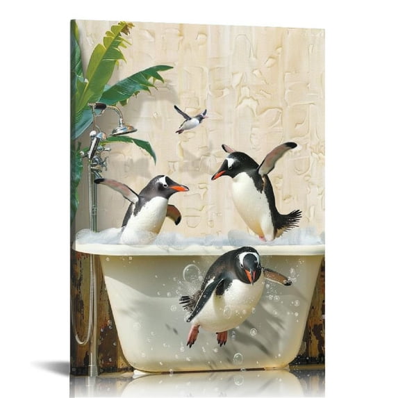 Acheng Sylvie Beaded Penguins Bali Bath Vintage Framed Canvas Wall Art , Modern Cute Animal Bathtub Art for Wall 12x16 in