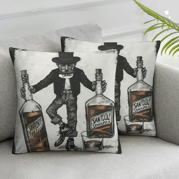 Acheng Throw Pillow Cover Alcohol Bottle Ice Glasses Feet Sketch Engraving Square Sofa Pillow Case Black White Cartoon Funny Vintage Retro Cushion Cover Home Couch Bed Decor,2 Pcs White