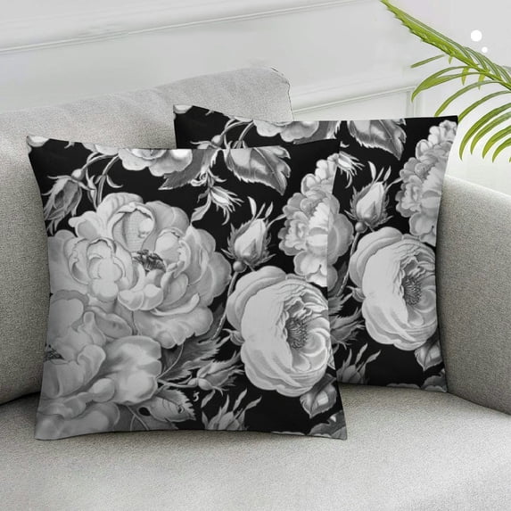 Acheng Throw Pillow Cover Black and White with Floral Bouquet of Roses Daisy Blue Wild Flowers in Vintage Style Watercolor Decorative Pillow Case Home Decor Square Pillowcase,2 Pcs White