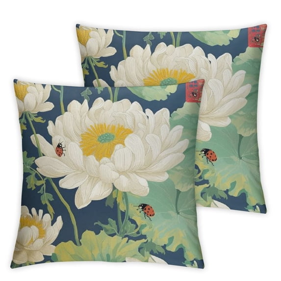 Acheng Throw Pillow Cover Blue Oriental with Japanese Chrysanthemums Inscription Autumn Garden of Green Asian Decorative Pillow Case Home Decor Square Pillowcase Set of 2(Two Sides Print) 24x24in