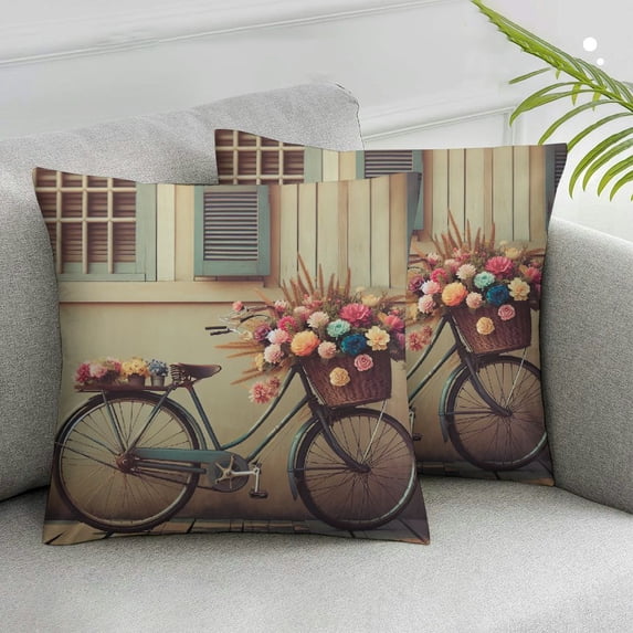 Acheng Throw Pillow Cover Blue Vintage Watercolor Black Bicycle Beautiful Flower Basket Peony Home Decor Pillowcase Cushion Cover for Sofa Couch Bed and Car,2 pcs White