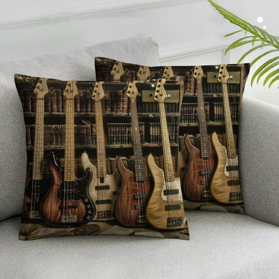 Acheng Throw Pillow Cover Guitar Bass Music Musical Instruments Strings Cool Performance Show Square Pillow Case Cushion Cover for Home Car Decorative,2 Pcs White