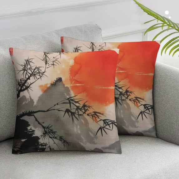 Acheng Throw Pillow Cover Japanese Trees Sun and Mountains Decorative Pillowcase for for All Season Pillow Case for Room Bedroom Sofa Chair,2 Pcs White
