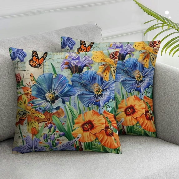 Acheng Throw Pillow Cover Orris Flower with Vintage Butterfly Stamp Retro Letter Violet Yellow Green Home Decorative Pillow Cases Square Cushion Covers for Sofa Couch,2 Pcs White
