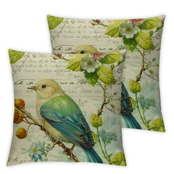 Acheng Throw Pillow Cover Spring Vintage Watercolor Birds Flowers Green Plants Home Decor Pillowcase Square Cushion Cover for Sofa Bed Couch,Set of 2 White(Two Side print) 24x24in