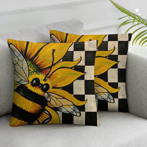 Acheng Throw Pillow Covers Gnome Honeybee Pillow Covers Buffalo Plaid Throw Pillow Covers Farmhouse Cushion Case Seasonal Decoration Bee Day Gifts for Couch Sofa Decor,Set of 2 White