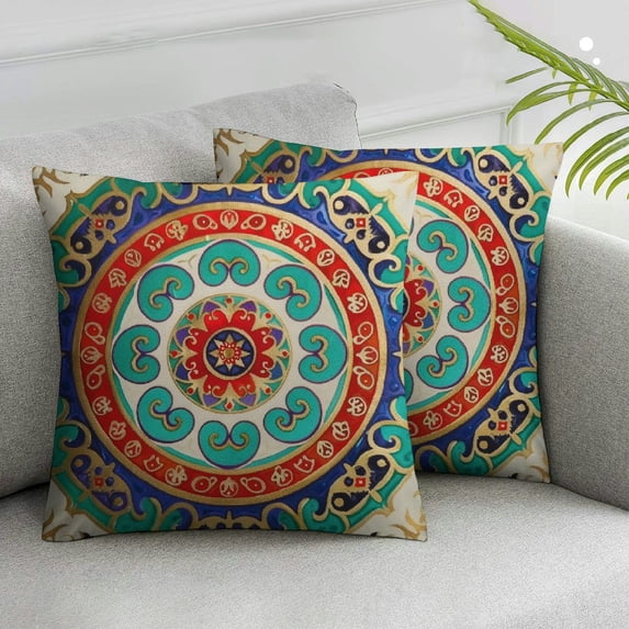 Acheng Throw Pillow Covers, Red Mandala Ethnic Flower Home Decor Pillow Cases, 2pcs Sofa Cushion Couch Sofa Pillowcases Decorative White