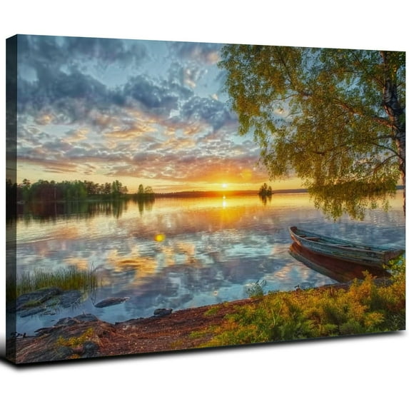 Acheng Tree Canvas Wall Art of a Sunrise Over a Forest Lake Nature Inspired Perfect for Wall Decoration in Living Room and Bedroom Trees and Landscape Picture Artwork Prints 16x12inch