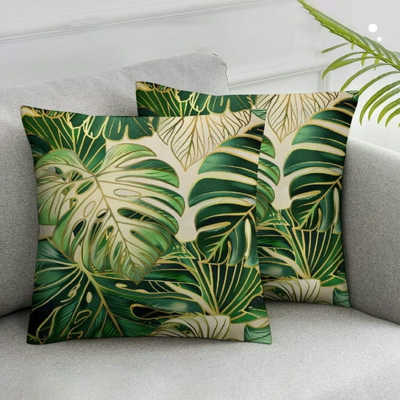 Acheng Tropical Green Leaves Pillow Covers Set of 2 Palm Leaf Decorative Outdoor Throw Pillow Cases Standard Size Spring Summer Modern Botanical Pillowcases Cushion Cover for Sofa Couch Bed White