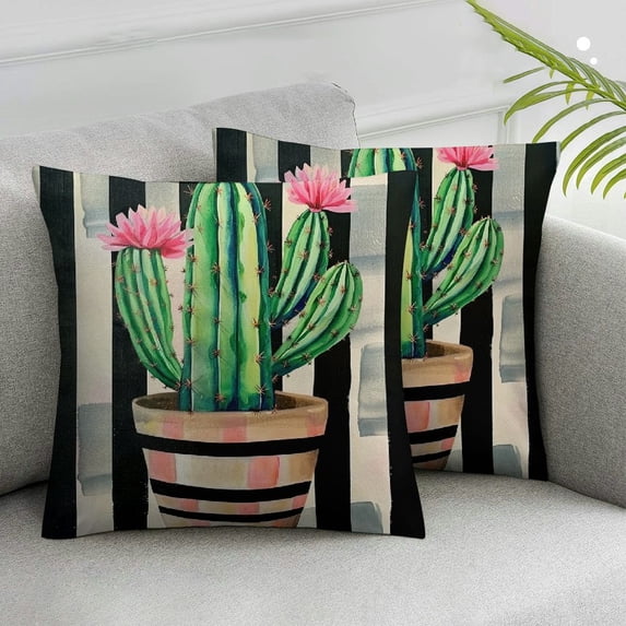 Acheng Tropical Plants Throw Pillow Covers Cactus with Black Striped Farmhouse Home Decorative Square Cushion Cover,2Pack White