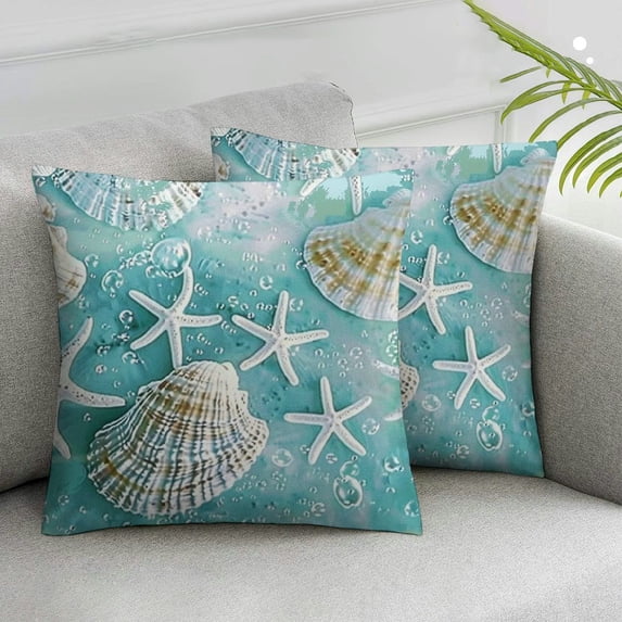 Acheng Turquoise Coastal Pillow Covers Beach Starfish Seashell Ocean Coral Jellyfish Pillow Cases Soft Outdoor for Sofa Couch Car Bedroom Home Decor,Set of 2 White